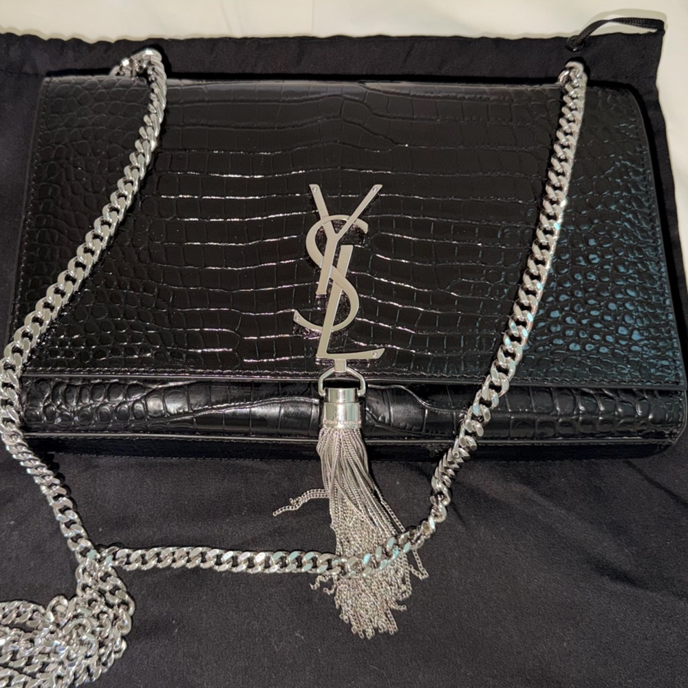 Saint Laurent Black Croc-Embossed Bag with Silver Chain